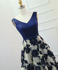 Stylish Dark Blue A Line V Neck Long Formal Prom Dresses, Dark Blue Evening Dresses