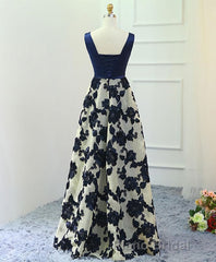 Stylish Dark Blue A Line V Neck Long Formal Prom Dresses, Dark Blue Evening Dresses