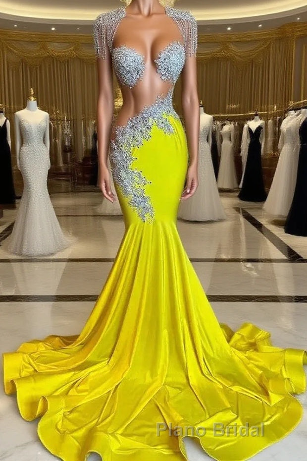 Yellow Scoop Formal Prom Dress with Beadings and Tassels - Mermaid Long Main image