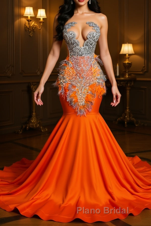 Orange Sleeveless Illusion Mermaid Formal Prom Dresses With Beadings and Feather