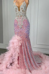 Pink Halter Mermaid Formal Prom Dress with Sequins Beadings and Tulle Ruffle