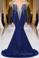 Deep V-neck Shiny Royal Blue Long sleeves Mermaid Formal Prom Dress