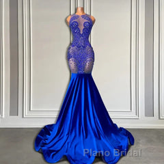 Sleeveless Royal Blue Scoop Neck Mermaid Formal Prom Dress with Beadings