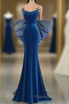 Simple Velvet Blue Mermaid Long Formal Prom Dress, Backless Velvet Blue Evening Dress
