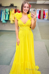 Lace-Up Fuchsia V-Neck Ruffle Pleated Long Formal Prom Dresses