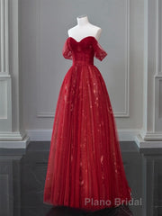 A-Line Off Shoulder Tulle Lace Dark Blue Long Formal Prom Dresses, Dark Blue Long Evening Dresses