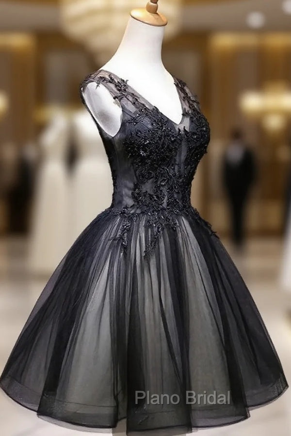 Adorable Black V-neckline Lace and Tulle Party Dresses, Short Formal Prom Dresses