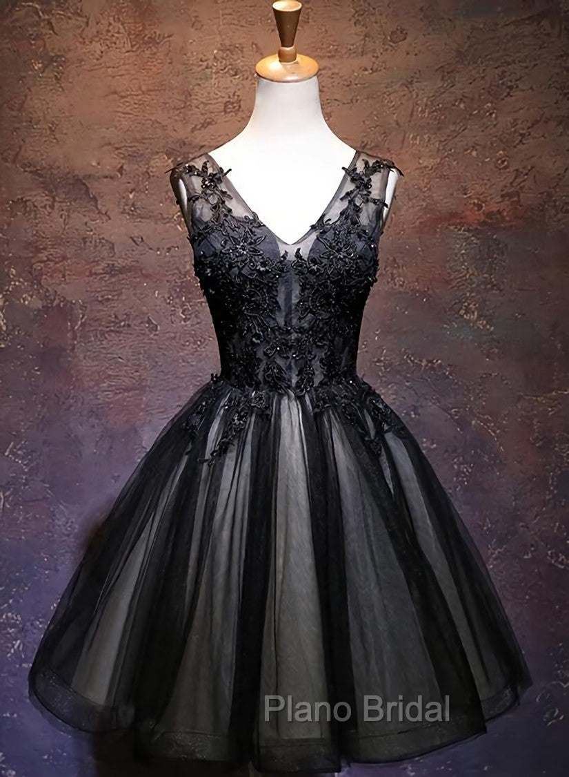 Adorable Black V-neckline Lace and Tulle Party Dresses, Short Formal Prom Dresses