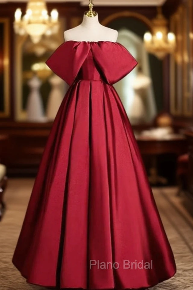 Adorable Burgundy Satin Off the Shoulder Formal Prom Dresses Main image