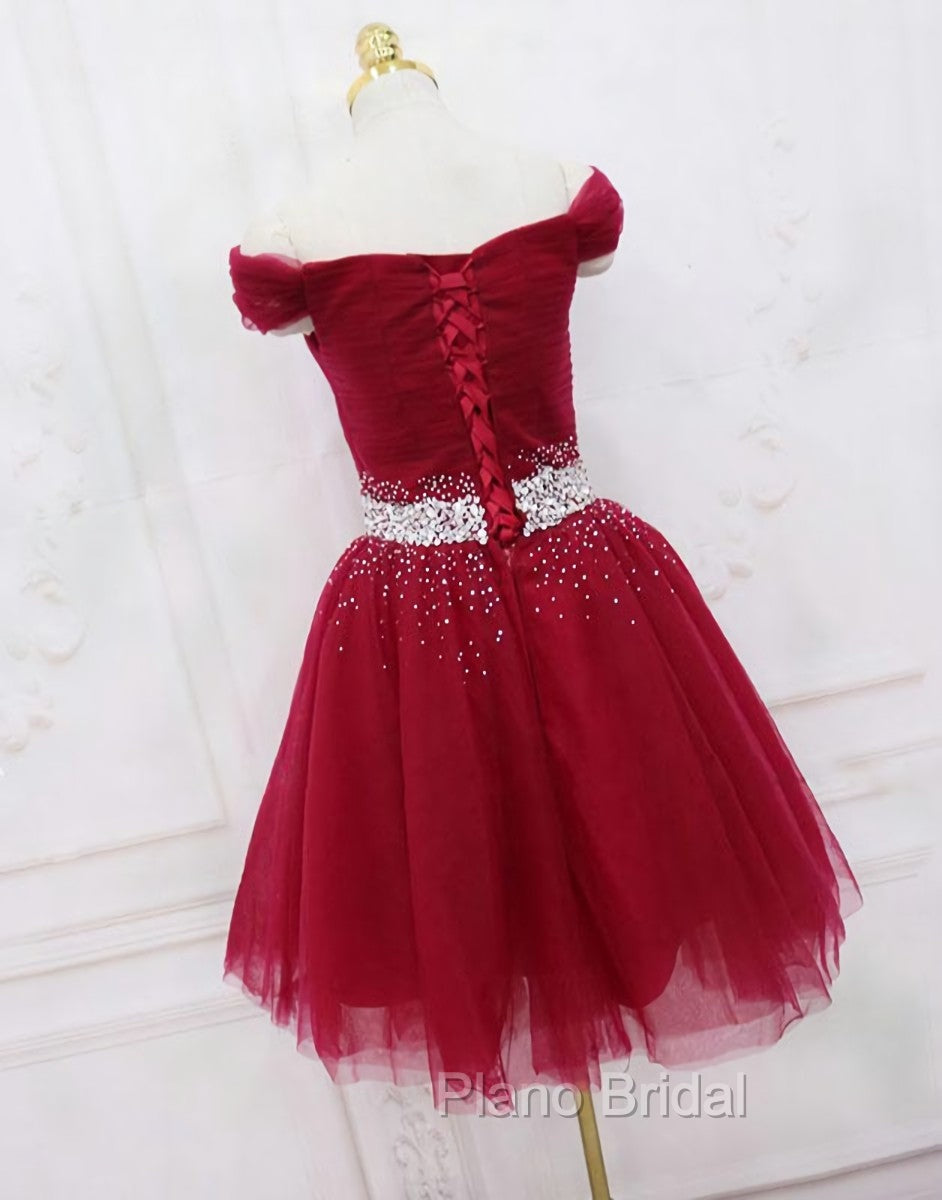 Adorable Dark Red Homecoming Dresses , Tulle Off the Shoulder Party Dresses