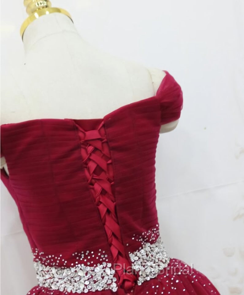 Adorable Dark Red Homecoming Dresses , Tulle Off the Shoulder Party Dresses