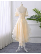 Adorable Light Champagne High Low Party Dresses with Lace Applique, Short Homecoming Dresses