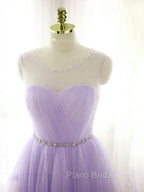 Adorable Light Purple Round Neckline Beaded Short Formal Prom Dresses, Cute Homecoming Dresses