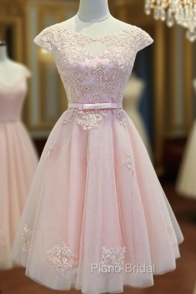 Adorable Pink Knee Length Party Dresses, Lace Applique Cute Homecoming Dresses