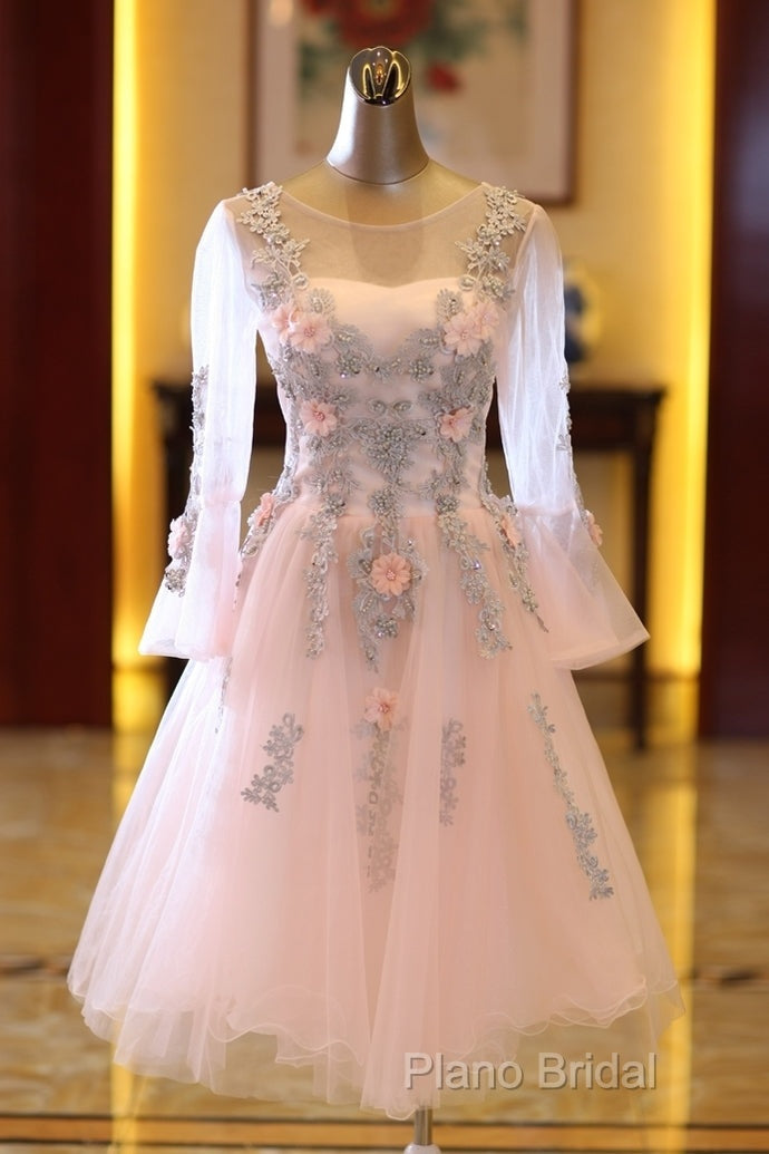 Adorable Pink Tulle Knee Length Long Sleeves Party Dresses, Pink Homecoming Dresses Secondary image