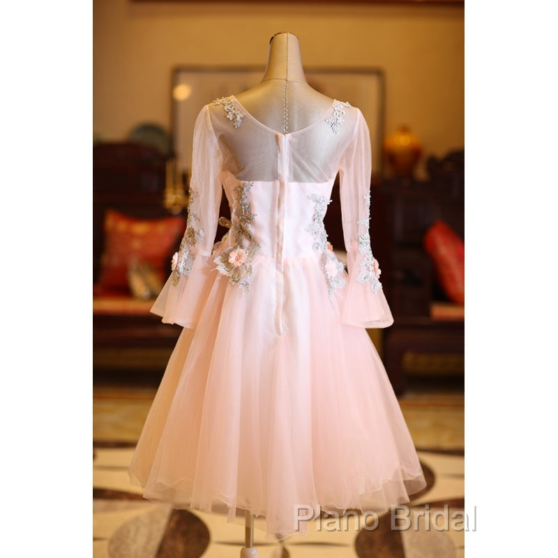 Adorable Pink Tulle Knee Length Long Sleeves Party Dresses, Pink Homecoming Dresses