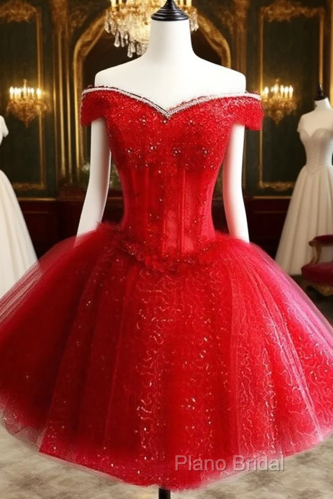Adorable Red Sweetheart Shiny Tulle Off Shoulder Short Homecoming Dresses, Red Party Dresses Main image