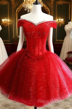 Adorable Red Sweetheart Shiny Tulle Off Shoulder Short Homecoming Dresses, Red Party Dresses