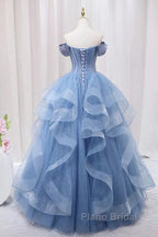 Adult Dresses A-Line Blue Sheer Long Ball Dresses Blue Sweet Dresses Off Shoulder Formal Prom Dresses