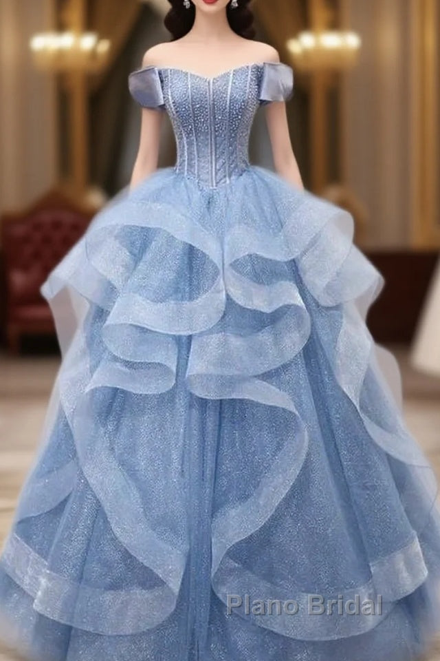 Adult Dresses A-Line Blue Sheer Long Ball Dresses Blue Sweet Dresses Off Shoulder Formal Prom Dresses