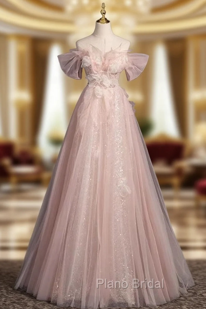 Advanced Pink Tulle Sequins Off the Shoulder Formal Prom Dresses