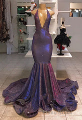 Chic Deep V-Neck Sleeveless Formal Prom Dresses New Arrival Halter Memaiad Sequins Evening Gowns