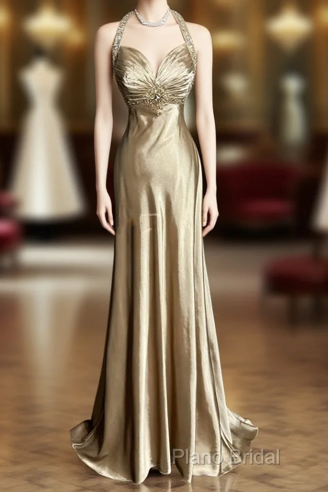 Aesthetic A Line Halter Neckline Champagne Satin Formal Prom Dresses Ruffle Long Party Dresses Main image