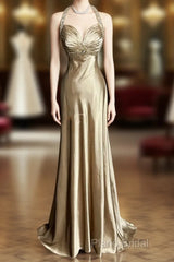 Aesthetic A Line Halter Neckline Champagne Satin Formal Prom Dresses Ruffle Long Party Dresses