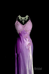 Aesthetic A Line Halter Neckline Lilac Satin Formal Prom Dresses Ruffle Long Party Dresses
