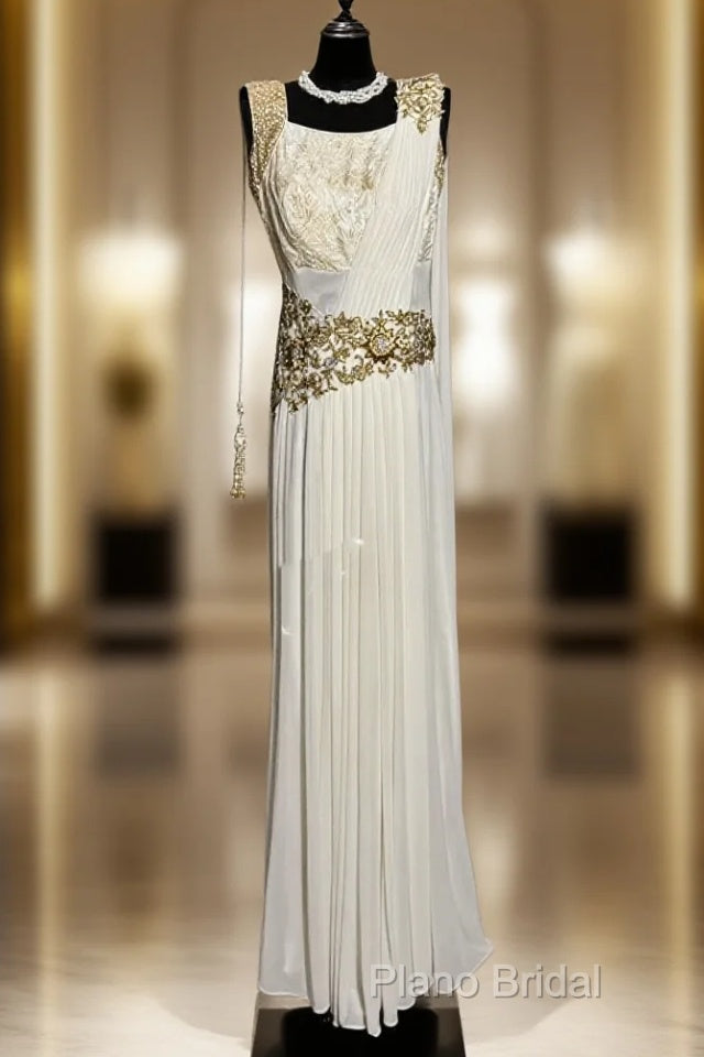 Aesthetic A Line Square Neckline White Chiffon Formal Prom Dresses Ruffle Long Party Dresses