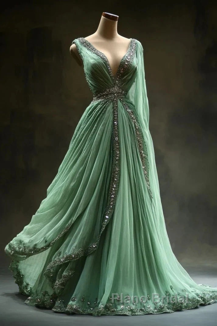 Aesthetic A-Line V Neckline Green Tulle  Long Formal Prom Dresses Sweet Beaded Evening Dresses Secondary image
