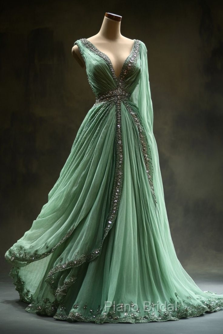 Aesthetic Ball Gown V Neckline Green Tulle Party Dresses Long Formal Prom Dresses Evening Dresses Secondary image