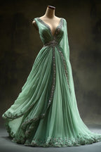 Aesthetic Ball Gown V Neckline Green Tulle Party Dresses Long Formal Prom Dresses Evening Dresses