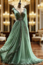 Aesthetic Ball Gown V Neckline Green Tulle Party Dresses Long Formal Prom Dresses Evening Dresses