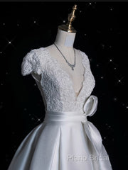 Aesthetic Ball Gown V Neckline Satin White Long Wedding Dresses Brides Dresses