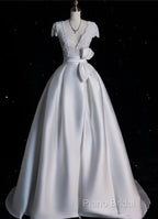Aesthetic Ball Gown V Neckline Satin White Long Wedding Dresses Brides Dresses