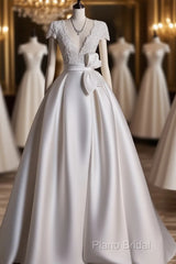 Aesthetic Ball Gown V Neckline Satin White Long Wedding Dresses Brides Dresses
