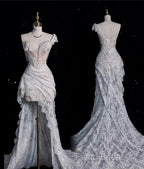 Aesthetic High Low One Shoulder Lace White Long Wedding Dresses