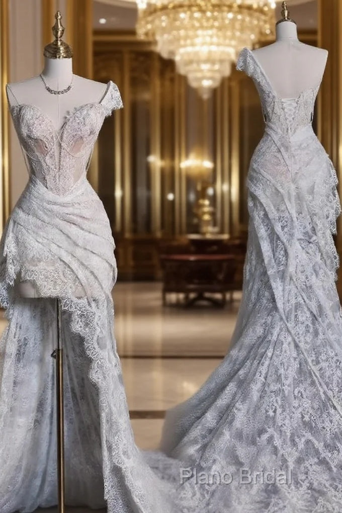 Aesthetic High Low One Shoulder Lace White Long Wedding Dresses Main image