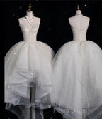 Aesthetic High Low Strapless Tulle White Long Wedding Dresses