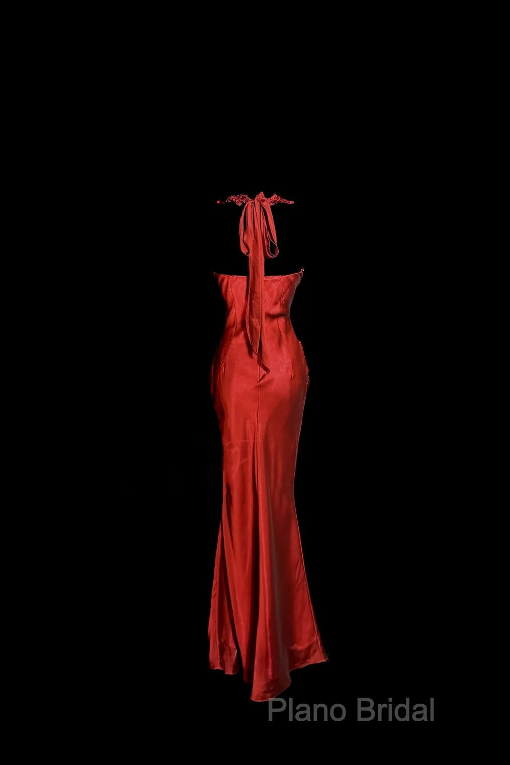 Aesthetic Mermaid Halter Neckline Red Satin Formal Prom Dresses Ruffle Long Party Dresses