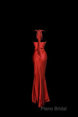 Aesthetic Mermaid Halter Neckline Red Satin Formal Prom Dresses Ruffle Long Party Dresses