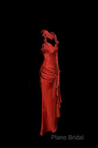 Aesthetic Mermaid Halter Neckline Red Satin Formal Prom Dresses Ruffle Long Party Dresses