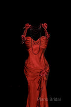 Aesthetic Mermaid Halter Neckline Red Satin Formal Prom Dresses Ruffle Long Party Dresses