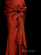 Aesthetic Mermaid Halter Neckline Red Satin Formal Prom Dresses Ruffle Long Party Dresses