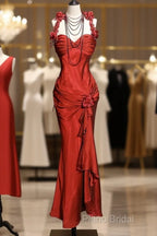 Aesthetic Mermaid Halter Neckline Red Satin Formal Prom Dresses Ruffle Long Party Dresses