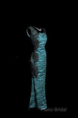 Aesthetic Mermaid Square Neckline Blue Taffeta Formal Prom Dresses Ruffle Long Party Dresses