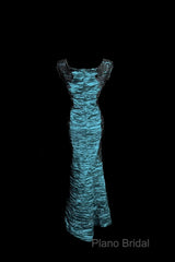 Aesthetic Mermaid Square Neckline Blue Taffeta Formal Prom Dresses Ruffle Long Party Dresses