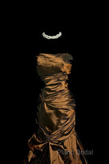 Aesthetic Mermaid Strapless Neckline Brown Taffeta Formal Prom Dresses Ruffle Long Party Dresses