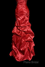 Aesthetic Mermaid Strapless Neckline Red Taffeta Formal Prom Dresses Ruffle Long Party Dresses